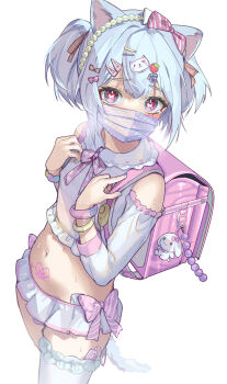 1boy anal_beads animal_charm animal_ears aqua_hair aqua_nails backpack bag bangle belly blue_hair blue_nails bow bow_skirt bracelet bulge cat_ears cat_hair_ornament cat_paw condom condom_wrapper_in_clothes crime_prevention_buzzer crossdressing crossdressing_(mtf) detached_sleeves food-themed_hair_ornament hair_bow hair_ornament hairclip hands_on_own_chest heart heart-shaped_pupils highres jewelry looking_at_viewer mask miniskirt nail_polish navel neckerchief original pink_bag pink_bow pink_eyes pink_ribbon pubic_tattoo rabbit_charm randoseru ribbon sex_toy shirt short_hair simple_background skirt sleeveless steam strawberry_hair_ornament symbol-shaped_pupils tail tattoo thighhighs trap twintails vibrator white_background white_shirt white_sleeves white_thighhighs yellow_bracelet yoruhachi yume_kawaii
