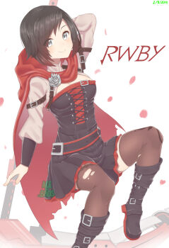 1girl 2018 ace_of_bros arm_behind_head belt black_hair blush boots bracelet breasts cape corset dated floating grey_eyes highres holding holding_weapon hood jewelry looking_at_viewer medium_breasts red_hood ruby_rose rwby short_hair skirt smile thighhighs torn_clothes torn_legwear weapon weapon_out_frame