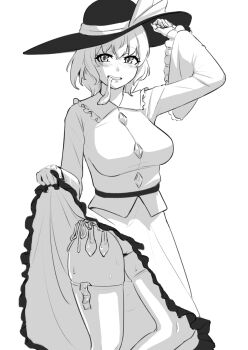 1girl arm_up blush breasts bunsuirei buttons clothes_lift collared_shirt condom condom_wrapper_in_clothes diamond_button fingernails frilled_shirt_collar frilled_skirt frilled_sleeves frills greyscale grin hat hat_ribbon highres komeiji_koishi large_breasts lifting_own_clothes long_skirt long_sleeves looking_at_viewer monochrome mouth_hold panties pantyshot ribbon shirt short_hair side-tie_panties skirt skirt_lift smile solo standing sun_hat sweat thighhighs touhou underwear used_condom white_background wide_sleeves