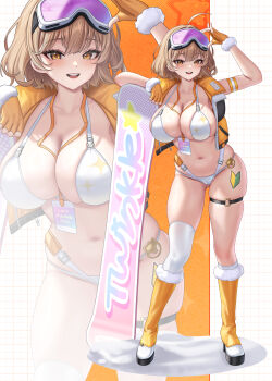 1girl :d absurdres alternate_costume anis_(nikke) arm_up asymmetrical_legwear bikini blush breasts brown_hair cleavage collarbone commentary_request fingerless_gloves full_body gloves goddess_of_victory:_nikke goggles goggles_on_head highres large_breasts looking_at_viewer mismatched_legwear multiple_views navel open_mouth short_hair sideboob single_thighhigh skindentation smile standing star-shaped_pupils star_(symbol) stomach subob_(subobdesu) swimsuit symbol-shaped_pupils teeth thigh_strap thighhighs thighs upper_teeth_only white_bikini white_thighhighs yellow_eyes yellow_gloves
