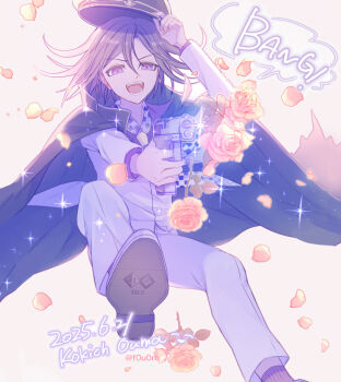 Rule 34 | 1boy, backlighting, black cape, black hat, buttons, cape, character name, checkered clothes, collared shirt, commentary request, danganronpa (series), danganronpa v3: killing harmony, dated, dynamic pose, english text, flipped hair, flower, formal clothes, gun, hair between eyes, hand up, happy, happy birthday, hat, hat tip, holding, holding gun, holding weapon, long sleeves, looking at viewer, male focus, military hat, oma kokichi, open mouth, pants, peaked cap, pink flower, pink rose, prank, purple eyes, purple hair, purple theme, rose, shirt, short hair, simple background, smile, solo, sparkle, standing, teeth, tourin fuwa, twitter username, weapon