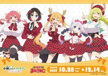 5girls :d ;d aqua_nails asymmetrical_legwear beret black_thighhighs blonde_hair blue_eyes blue_nails blush bow child commentary_request copyright_name dragon_girl dragon_horns elma_(maidragon) green_nails hair_bow hat headset heart heart_hands horns idol_clothes ilulu_(maidragon) index_finger_raised kanna_kamui kobayashi-san_chi_no_maidragon long_hair lucoa_(maidragon) miniskirt multiple_girls official_art one_eye_closed open_mouth orange_hair pleated_skirt purple_eyes red_eyes red_hat red_nails red_skirt shirt short_hair skirt smile thighhighs tohru_(maidragon) twintails very_long_hair white_shirt white_thighhighs