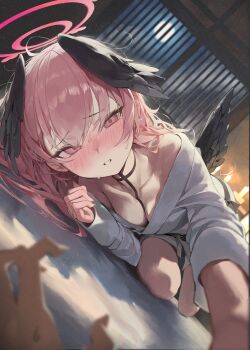 1girl 1other absurdres architecture bare_shoulders black_wings blue_archive blush breasts cleavage collarbone east_asian_architecture feathered_wings halo head_wings highres indoors japanese_clothes kimono koharu_(blue_archive) long_hair low_wings parted_lips pepq pink_eyes pink_hair pov reaching reaching_towards_viewer red_halo small_breasts white_kimono wings