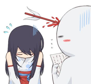 ... 1girl 1other apologizing arrow_(projectile) bare_shoulders black_hair blood blush bowing closed_eyes commentary cowboy_shot detached_sleeves english_commentary flying_sweatdrops hakama hakama_skirt holding holding_paper injury japanese_clothes kimono long_hair lowres major_injury_underreaction miko original paper red_hakama simple_background skirt sthreep white_background white_kimono