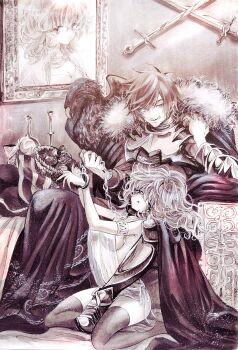 Rule 34 | 1boy, 1girl, armor, aya1039 , aya carmine, boots, breasts, cape, chain, chain leash, collar, commentary request, fur trim, greyscale, highres, leash, licking lips, medium breasts, medium hair, metal collar, millipen (medium), monochrome, painting (object), pen (medium), rance, rance (series), see-through clothes, sharp teeth, sill plain, sitting, slave, smile, sword, teeth, thighhighs, tongue, tongue out, traditional media, weapon