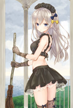 1girl bare_back bare_shoulders black_skirt blue_bow blue_eyes blue_ribbon bow breasts broom brown_gloves brown_thighhighs chest_strap clothing_cutout commentary_request cowboy_shot crop_top d: day frilled_skirt frilled_straps frills from_side gazebo gloves grey_hair hair_bow holding holding_broom horizon komiya_yuuta long_hair looking_at_viewer looking_to_the_side maid_headdress medium_breasts miniskirt ocean open_mouth original outdoors overcast parted_lips petticoat polka_dot polka_dot_gloves polka_dot_thighhighs ribbon skirt sky solo standing thighhighs thighs underbust yellow_bow