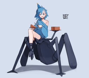 1girl asymmetrical_hair blue_eyes blue_hair blue_hat blue_sweater blush cake cake_slice collarbone commentary cyborg dated english_commentary food fork full_body grey_background hat holding holding_fork kart_prowler long_sleeves looking_at_viewer mechanical_arms mechanical_legs medium_hair nyx_(kart_prowler) open_mouth original party_hat plate sidecut signature simple_background single_bare_shoulder sitting smile solo sweater undercut