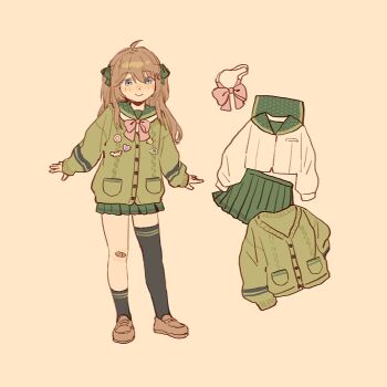 1girl ahoge asymmetrical_legwear bandaid bandaid_on_knee bandaid_on_leg black_socks black_thighhighs blue_eyes bow bowtie brown_hair brown_shoes cardigan closed_mouth commentary english_commentary full_body green_cardigan green_ribbon green_sailor_collar green_skirt hair_ribbon highres loafers long_hair long_sleeves neuro-sama pink_bow pink_bowtie ribbon rikokoooou sailor_collar school_uniform serafuku shoes simple_background single_sock single_thighhigh skirt smile socks solo thighhighs two_side_up uneven_legwear vedal_ai white_serafuku