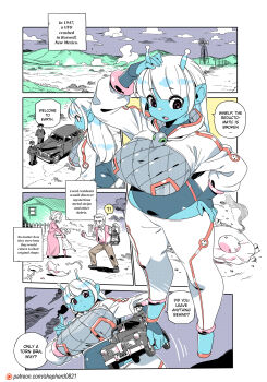 !? alien alternate_language antennae black_car blue_skin breasts business_suit car colored_skin english_text farm flying_saucer formal_clothes gas_lantern giant giantess highres large_breasts leotard leotard_under_clothes men_in_black modern_mogal motor_vehicle multiple_boys multiple_girls patreon_logo patreon_username science_fiction shepherd0821 size_difference spacecraft spacesuit spoken_interrobang suit sunglasses ufo watermark web_address windmill