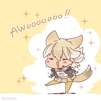 1girl animal_ears blonde_hair camisole closed_eyes commentary_request coroha coyote_(kemono_friends) extra_ears full_body gloves jacket kemono_friends kemono_friends_v_project looking_at_viewer microphone pantyhose short_hair simple_background skirt solo tail virtual_youtuber wolf_ears wolf_girl wolf_tail yellow_background