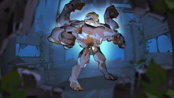 belt belt_buckle blurry blurry_foreground buckle closed_mouth commentary dirty gen_1_pokemon indoors leaf machamp matwvv nintendo pokemon pokemon_(creature) red_eyes smile solo standing