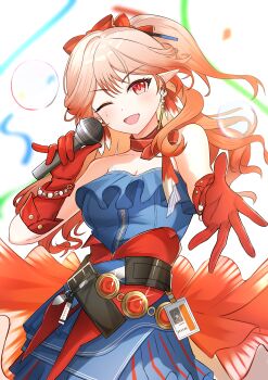 Rule 34 | 1girl, ;d, absurdres, arknights, bare shoulders, blue dress, breasts, cleavage, commentary, confetti, cowboy shot, dress, earrings, elbow gloves, glint, gloves, haruka (arknights), highres, holding, holding microphone, jewelry, k@bu, light blush, long hair, looking at viewer, microphone, mole, mole on cheek, one eye closed, open mouth, orange hair, outstretched hand, pointy ears, red eyes, red gloves, small breasts, smile, solo, strapless, strapless dress, streamers, white background