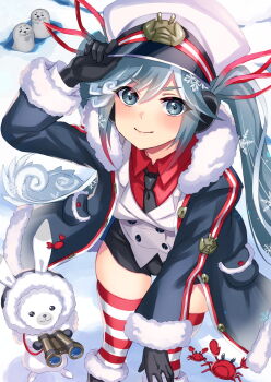 1girl aqua_hair arm_up binoculars black_coat black_gloves black_necktie black_shorts blush boots breasts closed_mouth coat crab fur-trimmed_boots fur-trimmed_coat fur_trim gloves gradient_hair hair_between_eyes hair_ornament hair_ribbon hat hatsune_miku highres holding holding_binoculars inue_ao jacket long_hair looking_at_viewer medium_breasts multicolored_hair necktie peaked_cap rabbit rabbit_yukine red_hair red_ribbon red_shirt ribbon sailor_hat seal_(animal) shirt short_shorts shorts smile striped_clothes striped_thighhighs thick_thighs thighhighs thighs twintails very_long_hair vocaloid white_hair white_jacket yuki_miku yuki_miku_(2022) zettai_ryouiki