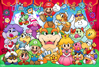 2boys 2girls admiral_bobbery arm_behind_head bag bandaid barry_(paper_mario) blonde_hair blush_stickers bombette boomer_(paper_mario) bow bow_(paper_mario) bowser carrie_(paper_mario) crown cudge_(paper_mario) dashell dottie dress earrings fleep flurrie ghost-pepper goombario goombella hair_bow hat highres jewelry kooper koops lakilester letter long_hair luigi mario mario_(series) ms._mowz multiple_boys multiple_girls nintendo one_eye_closed overalls paper_luigi paper_mario paper_mario:_sticker_star paper_mario:_the_thousand-year_door paper_mario_(character) paper_mario_64 parakarry piccolo_(paper_mario) pink_dress princess_peach satchel slim_(paper_mario) super_paper_mario sushie thoreau thudley tippi_(paper_mario) twink_(paper_mario) vivian_(paper_mario) watt_(paper_mario) waving wings yoshi