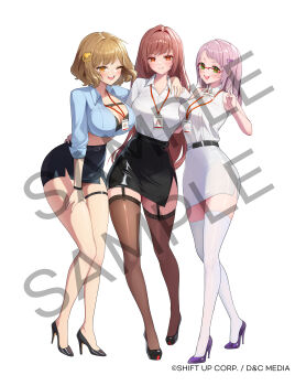 3girls absurdres anis_(nikke) brown_hair full_body goddess_of_victory:_nikke grey_hair highres multiple_girls neon_(nikke) official_alternate_design official_alternate_hair_color official_art rapi_(nikke) rapi_(red_hood)_(nikke) red_hair sample_watermark simple_background thighhighs uz_(uzru0428) watermark white_background
