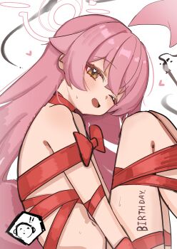 ! !! 1boy 1girl ;d absurdres ahoge blue_archive blush body_writing bow brown_eyes calligraphy_brush chibi chibi_inset commentary_request doodle_sensei_(blue_archive) fang from_side halo heart heart_in_eye high_(hgih) highres hoshino_(blue_archive) long_hair looking_at_viewer looking_to_the_side lying naked_ribbon navel nude on_side one_eye_closed open_mouth paintbrush pink_hair red_bow red_ribbon ribbon sensei_(blue_archive) smile solo_focus symbol_in_eye very_long_hair