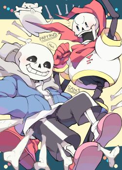 2boys absurdres animal annoying_dog black_jacket black_shorts blue_eyes blue_jacket bone brothers character_name clenched_hand commentary_request crack dog english_text foot_out_of_frame full_body gloves grey_hood grin hands_in_pockets highres hood hood_down hooded_jacket jacket letterboxed looking_at_viewer male_focus marueri multiple_boys open_mouth outside_border papyrus_(undertale) pink_slippers red_footwear red_gloves red_scarf sans_(undertale) scarf shirt shorts siblings simple_background single_vertical_stripe skeleton slippers smile speech_bubble teeth undertale utdr_(toby_fox) white_dog white_eyes white_shirt yellow_background