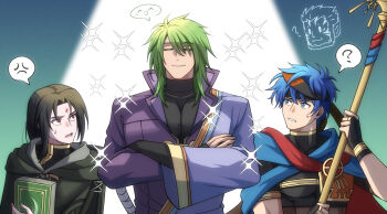 3boys ? anger_vein black_hair blue_eyes blue_hair book bridal_gauntlets closed_eyes commentary_request crossed_arms facial_mark fire_emblem fire_emblem:_path_of_radiance fire_emblem_heroes forehead_mark green_hair highres holding holding_book holding_polearm holding_weapon ike_(fire_emblem) ike_(jehanna)_(fire_emblem) male_focus medium_hair mordecai_(fire_emblem) multiple_boys nintendo official_alternate_costume polearm red_eyes short_hair soren_(fire_emblem) speech_bubble spoken_anger_vein spoken_question_mark stefan_(fire_emblem) tellius_forever weapon