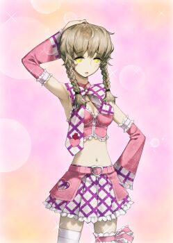 1girl absurdres amane_suzuha arm_up armpits belt blurry blush bokeh breasts buckle corset depth_of_field detached_sleeves game_cg hand_on_own_head heart heart-shaped_buckle heart_belt_buckle heart_print highres huke legwear_garter midriff navel non-web_source official_alternate_costume official_art open_mouth pink_belt pink_corset science_adventure small_breasts solo steins;gate steins;gate:_my_darling's_embrace stomach thighhighs tongue white_thighhighs yellow_eyes