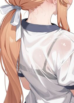 back black_bra blonde_hair blue_archive blush bra from_behind gym_shirt hair_ribbon heoningu highres long_hair mari_(blue_archive) mari_(track)_(blue_archive) ponytail ribbon see-through_clothes shirt short_sleeves sweat underwear white_ribbon white_shirt