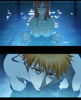 1boy 1girl bleach breasts brown_eyes chainsaw_man closed_mouth hair_ornament hairclip hetero highres i&#039;ll_teach_you_everything_(chainsaw_man) inoue_orihime kurosaki_ichigo large_breasts long_hair looking_at_viewer nude orange_hair partially_submerged pool sela_(chanppu) short_hair smile snowflake_hair_ornament water wet