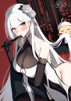 +_+ 1girl ahoge alternate_costume animal apron arm_under_breasts azur_lane baby_animal bird black_bodysuit black_dress black_gloves black_thighhighs blush bodysuit breasts chick china_dress chinese_clothes cleavage clothing_cutout commentary_request couch dress dutch_angle elbow_gloves enmaided flower flower_request folding_fan folding_screen frilled_apron frilled_gloves frills gloves grin hair_flower hair_ornament hand_fan highres hip_vent holding holding_fan large_breasts leaning_on_object long_hair maid maid_apron maid_headdress manjuu_(azur_lane) pelvic_curtain pillow red_background red_eyes scylla_(azur_lane) shionootsu side-tie_dress sidelocks signature simple_background sitting skindentation smile teeth thighhighs very_long_hair waist_apron white_apron white_dress white_hair