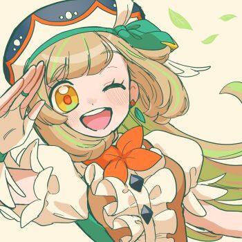 1girl ;d alternate_costume aria_pkmn beret blonde_hair commentary_request earrings eyelashes falling_leaves fingerless_gloves gloves hand_up happy hat highres jewelry leaf long_hair looking_at_viewer nintendo one_eye_closed open_mouth orange_pupils pokemon pokemon_sm puffy_sleeves selene_(pokemon) short_sleeves smile solo teeth upper_body upper_teeth_only white_gloves yellow_eyes