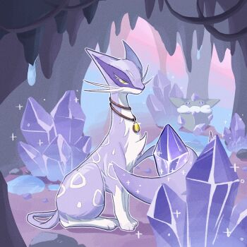 absurdres alternate_color alternate_shiny_pokemon artist_request crystal gem gen_5_pokemon highres liepard nintendo no_humans pokemon pokemon_(creature) purple_fur purple_gemstone solo sparkle tail two-tone_fur white_fur