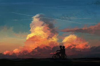 2boys absurdres bad_id bad_twitter_id banakotakemaru bicycle cloud cloudy_sky contrail evening gradient_sky highres landscape multiple_boys original outdoors power_lines riding riding_bicycle scenery silhouette sky sunset wide_shot