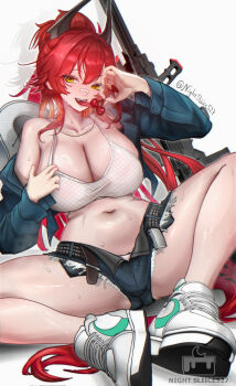 1girl :d artist_logo bandaid bandaid_on_face bandaid_on_nose belt black_belt black_horns breasts camisole cherry cleavage collarbone commentary cutoffs denim denim_jacket denim_shorts double-parted_bangs english_commentary exposed_pocket food fruit goddess_of_victory:_nikke gun hair_between_eyes hat_on_back highres horns jacket large_breasts licking logo long_hair long_sleeves looking_at_viewer mechanical_horns micro_shorts mixed-language_commentary navel nightsliice257 off_shoulder official_alternate_costume official_alternate_hairstyle open_belt open_clothes open_jacket open_mouth ponytail red_hair red_hood_(nikke) red_hood_(retro_days)_(nikke) rifle shadow shoes shorts sidelocks single_bare_shoulder sitting skindentation smile sneakers sniper_rifle solo spread_legs stomach sweat teeth tongue tongue_out twitter_username untied_shoelaces upper_teeth_only very_long_hair weapon white_camisole white_shorts yellow_eyes