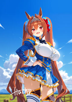 1girl animal_ears antenna_hair black_bow black_bowtie black_thighhighs blue_dress blue_sky blush boots bow bowtie breasts brown_hair center_frills cloud cloudy_sky commentary_request daiwa_scarlet_(peak_blue)_(umamusume) daiwa_scarlet_(umamusume) day dress epaulettes fang framed_breasts frilled_dress frills gold_trim hair_bow hair_intakes hair_ornament hand_on_own_hip highres horse_ears horse_girl horse_tail itacha_(artist) juliet_sleeves large_breasts long_hair long_sleeves looking_at_viewer open_mouth outdoors puffy_sleeves red_bow red_eyes skindentation sky smile solo tail thick_thighs thigh_boots thighhighs thighs twintails umamusume very_long_hair white_boots
