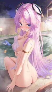 1girl absurdres armlet ass blue_eyes blush body_markings braid breasts citlali_(genshin_impact) closed_mouth commentary covering_privates facial_mark floating_headgear forehead_mark from_behind genshin_impact headgear highres hong_(vsak3373) itzpapa_(genshin_impact) jewelry large_breasts long_hair looking_at_viewer looking_back multicolored_hair necklace nude_cover onsen purple_hair rubber_duck sitting solo streaked_hair thighs triangle triangle_facial_mark very_long_hair