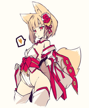 1girl animal_ears bare_shoulders blonde_hair blunt_bangs breasts cleavage commentary_request cropped_legs detached_collar detached_sleeves fox_ears fox_girl fox_tail groin hair_ornament heart highleg highleg_leotard highres hisui_(syarute) japanese_clothes kitsune large_tail leotard nontraditional_miko obi obijime original red_ribbon ribbon ribbon-trimmed_sleeves ribbon_trim sash sideless_kimono simple_background small_breasts solo spoken_heart strapless strapless_leotard tail thick_eyebrows thighhighs white_background white_leotard white_sleeves white_thighhighs wide_sleeves