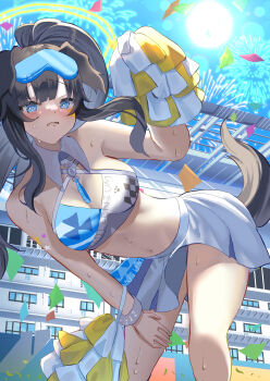 1girl @_@ absurdres animal_ears black_hair blue_archive blue_eyes blush breasts cheerleader dog_ears dog_girl dog_tail goggles goggles_on_head halo hibiki_(blue_archive) hibiki_(cheer_squad)_(blue_archive) highres holding holding_pom_poms jinbei_(user_tpny4757) long_hair looking_at_viewer millennium_cheerleader_outfit_(blue_archive) navel official_alternate_costume open_mouth pom_pom_(cheerleading) pom_poms skirt solo spiral-only_eyes stadium star_(symbol) star_sticker sticker sticker_on_arm sticker_on_face sweat sweatdrop tail yellow_halo