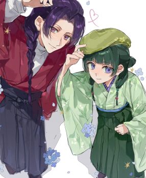 Rule 34 | 1boy, 1girl, beads, blue eyes, blue flower, blunt ends, braid, chinese clothes, closed mouth, flower, freckles, green hair, green hat, green shirt, green skirt, hair beads, hair bun, hair ornament, hair over shoulder, hat, highres, jinshi (kusuriya no hitorigoto), kusuriya no hitorigoto, long hair, looking at viewer, maomao (kusuriya no hitorigoto), pink eyes, purple hair, red shirt, shirt, single braid, skirt, smile, white background, white shirt, yuikisezu