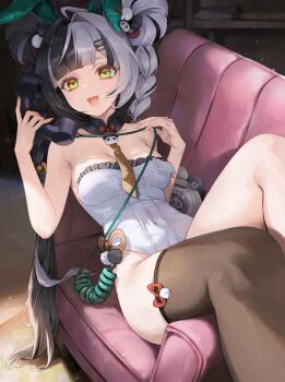 1girl absurdres alternate_costume animal_ears bare_shoulders black_hair black_thighhighs braid braided_twintails breasts cleavage corded_phone couch covered_navel detached_collar dialyn_(zenless_zone_zero) double_bun fake_animal_ears frilled_leotard frills hair_bun hair_ornament highres holding holding_phone leotard long_hair lying malsuk medium_breasts multicolored_hair necktie on_back on_couch open_mouth panda_hair_ornament phone playboy_bunny rabbit_ears single_thighhigh smile solo split-color_hair strapless strapless_leotard thighhighs white_hair white_leotard wire yellow_eyes yellow_necktie zenless_zone_zero