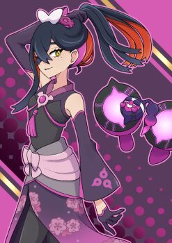 1girl black_hair carmine_(pokemon) carmine_(sygna_suit)_(pokemon) colored_inner_hair detached_sleeves gloves hair_between_eyes half_gloves highres holding holding_own_hair mole mole_under_eye multicolored_hair nintendo official_alternate_costume outline pecharunt pokemon pokemon_(creature) pokemon_masters_ex purple_gloves purple_outline yellow_eyes yuu_(jgvj7873)