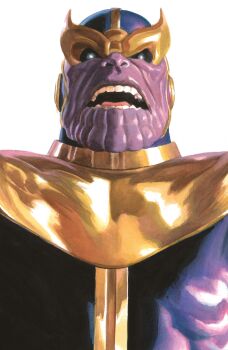 1boy absurdres alex_ross avengers_(series) blue_eyes bodysuit colored_skin comic_cover cover cover_page eyes_in_shadow glowing glowing_eyes gold_trim highres looking_at_viewer looking_down male_focus marvel muscular muscular_male official_art open_mouth purple_bodysuit purple_skin solo thanos western_comics_(style) white_background