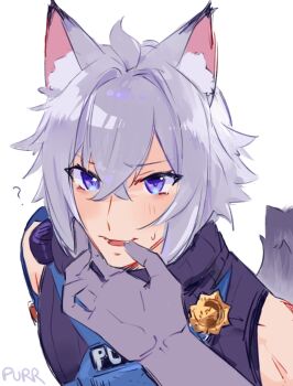 1boy 1other ? ahoge animal_ear_fluff animal_ears artist_name bare_shoulders blush cat_boy cat_tail colored_tips commentary crossed_bangs english_commentary finger_in_another's_mouth grey_tail hair_between_eyes highres male_focus multicolored_hair police police_badge police_uniform policeman pov pov_hands purple_eyes purrnasty seth_lowell simple_background sweatdrop tail white_background zenless_zone_zero