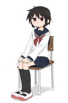Rule 34 | 1girl, black hair, black socks, blue sailor collar, blue skirt, blush, chair, clenched hands, closed mouth, expressionless, female focus, flat chest, full body, hands on own knees, kneehighs, large variant set, legs together, long sleeves, looking afar, miniskirt, neckerchief, nose blush, on chair, original, pleated skirt, ponnu (tnpn2yw), red eyes, red neckerchief, red shoes, sailor collar, school chair, school uniform, serafuku, shirt, shoes, short hair, sidelocks, sitting, skirt, socks, solo, variant set, white shirt