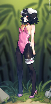 1girl animal_ears bamboo black_gloves black_hair black_pantyhose boa_(brianoa) carrot choker collarbone commentary covered_navel english_commentary flat_chest full_body gloves grass grin high_heels highres inaba_tewi leotard looking_at_viewer pantyhose pink_choker pink_leotard pink_shoes rabbit_ears rabbit_girl rabbit_tail red_eyes shoes short_hair smile solo standing strapless strapless_leotard tail touhou twitter_username