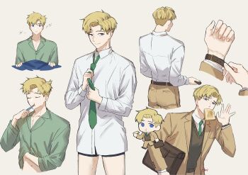 Rule 34 | 1boy, adjusting clothes, adjusting necktie, black male underwear, black sweater vest, blonde hair, blue eyes, boxer briefs, bread, bread slice, briefcase, brown jacket, brushing teeth, chi.: chikyuu no undou ni tsuite, chibi, chibi inset, closed eyes, collared shirt, commentary, contemporary, cropped legs, cropped torso, english commentary, food, food in mouth, green necktie, green pajamas, han orb, highres, holding, holding briefcase, holding toothbrush, jacket, male focus, male underwear, mouth hold, multiple views, necktie, pajamas, rafal (chi.), shirt, short hair, simple background, smile, standing, suit jacket, sweater vest, toothbrush, underwear, waking up, watch, waving, white shirt, wristwatch