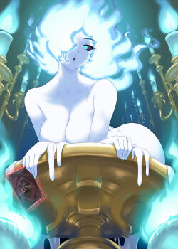 1boy 1girl ass beard black_hair black_sclera blue_eyes blue_fire breasts candle cape card castlevania:_circle_of_the_moon castlevania_(series) chandelier colored_sclera commentary_request completely_nude facial_hair fiery_hair fire highres holding holding_skull kous_(onetwojustice) large_breasts looking_at_viewer melting monster_girl nude partial_commentary pluto_(castlevania) skull slime_girl spiked_hair trick_candle