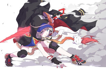 Rule 34 | 1girl, absurdres, amama (pcnk4878), black coat, black gloves, bracelet, closed mouth, closed umbrella, coat, coat on shoulders, commentary, dust, fingerless gloves, full body, gloves, grey hair, hand on ground, hat under hood, highres, holding, holding umbrella, hood, hood up, idolmaster, idolmaster shiny colors, jewelry, knee pads, looking at viewer, mask, mask on head, official alternate costume, over shoulder, red nails, red shoes, red umbrella, rope, serizawa asahi, shimenawa, shoes, short hair with long locks, solo, spread legs, squatting, tongue, tongue out, umbrella, umbrella over shoulder, white background