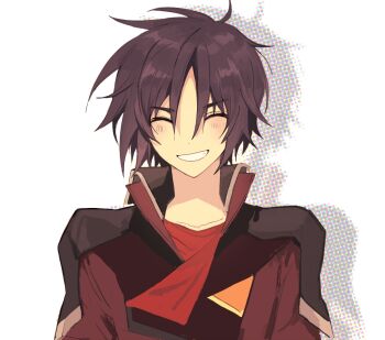 1boy black_hair closed_eyes commentary_request facing_viewer grin gundam gundam_seed gundam_seed_destiny hair_between_eyes high_collar male_focus seed0x0 shinn_asuka short_hair simple_background smile solo upper_body v-shaped_eyebrows white_background zaft_uniform