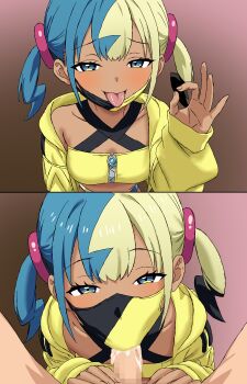1boy 1girl absurdres bandeau blue_eyes canari_(pokemon) censored collarbone commentary_request cum eyelashes fellatio fellatio_gesture fellatio_under_mask hetero highres hood hood_down hooded_jacket jacket long_sleeves mask mosaic_censoring mouth_mask multicolored_hair nintendo oral penis pokemon pokemon_legends:_z-a raised_inner_eyebrows sirahone textless_version tongue tongue_out twintails yellow_bandeau yellow_jacket zipper zipper_pull_tab