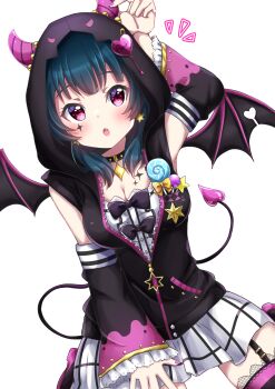 1girl absurdres alternate_hairstyle artist_name artist_request bare_shoulders belt_boots black_boots black_bow black_bowtie black_choker black_jacket black_legwear black_vest black_wings blue_hair blush boots bow bowtie breasts candy chain checkered_clothes checkered_skirt chest_tattoo choker cleavage collarbone cross-laced_clothes demon_girl demon_hood demon_horns demon_tail demon_wings detached_sleeves devil_rocker_(love_live!) dress dress_shirt earrings facial_mark female_focus food frilled_dress frilled_sleeves frills garter_straps glint gold_chain heart heart_(symbol) high_heel_boots high_heels highres hood hood_up hooded_jacket hoodie horns horns_through_headwear jacket jewelry lace lace-trimmed_legwear lace_trim lollipop long_hair long_sleeves looking_at_viewer love_live! love_live!_school_idol_festival love_live!_school_idol_festival_all_stars love_live!_sunshine!! medium_breasts miniskirt nail_(hardware) nail_polish open_clothes open_jacket parted_lips pink_legwear pink_nails plaid_clothes plaid_skirt pleated pleated_skirt purple_eyes purple_legwear reaction ring shirt short_hair skirt smile solo sparkle sparkle_print star_(symbol) star_earrings striped_legwear tail tattoo tsushima_yoshiko vest white_background white_skirt wings zipper zipper_pull_tab