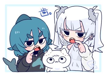 1other 2boys :3 :o animal bare_shoulders bite_mark black_eyes black_hoodie blue_hair blunt_bangs blush borrowed_character bra cat chibi chibi_only choker collarbone commentary crossdressing crossdressing_(mtf) dress ear_piercing eve_(op_na_yarou) fangs finger_to_mouth fins fish_boy fish_tail fur-trimmed_jacket fur_trim furrowed_brow grey_bra grey_choker hair_between_eyes hair_tie head_fins highres hood hoodie jacket jitome light_blush long_sleeves male_focus medium_hair multiple_boys no_nose notched_ear off_shoulder op_na_yarou open_clothes open_jacket open_mouth original piercing pointing print_hoodie see-through_clothes see-through_dress sidelocks simple_background sleeveless sleeveless_dress tail teeth translated trap underwear v-shaped_eyebrows watermark white_background white_dress white_hair white_jacket worried