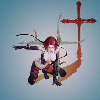 1girl areola_slip bare_shoulders bloodrayne bloodrayne_(videogame) boots breasts cross dhampir elbow_gloves fangs female_focus gloves hair_ornament half-human half-undead highres ikeda_masateru medium_breasts mixed_species open_clothes open_vest red_hair shadow short_hair slit_pupils solo squatting thigh_boots thighhighs undead vampire vest weapon yellow_eyes
