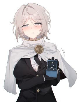 1girl black_gloves black_jacket black_necktie blush breasts buttons capelet commentary_request faust_(project_moon) formal_clothes gloves grey_eyes grey_hair highres holding index_(identity)_(project_moon) jacket jewelry korean_commentary large_breasts layer_(layer_illust) limbus_company long_sleeves looking_at_viewer marriage_proposal necktie open_mouth pov project_moon ring short_hair simple_background suit teeth white_capelet